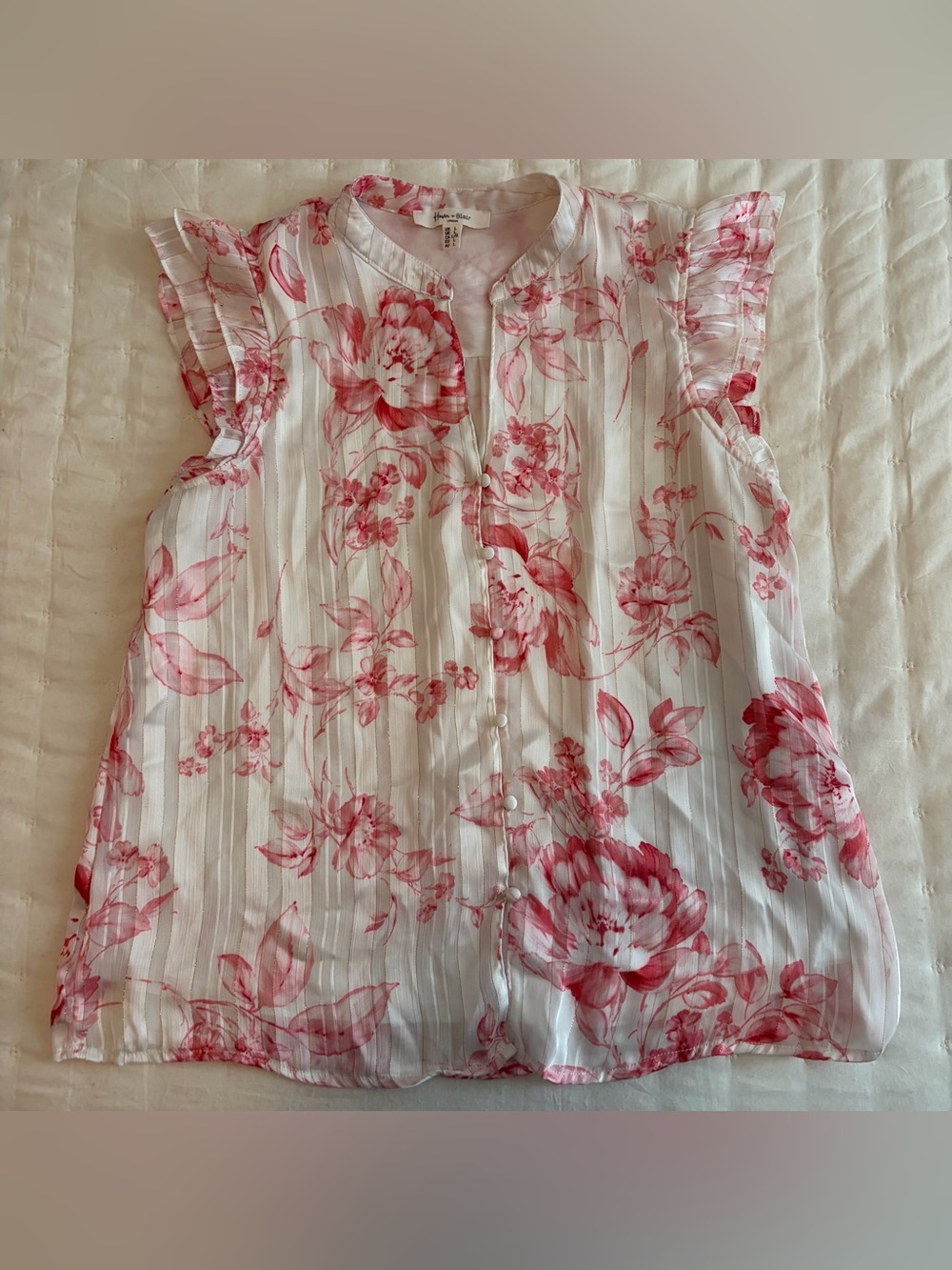 Women’s White Blouse with Pink Floral Print and Ruffle Sleeves